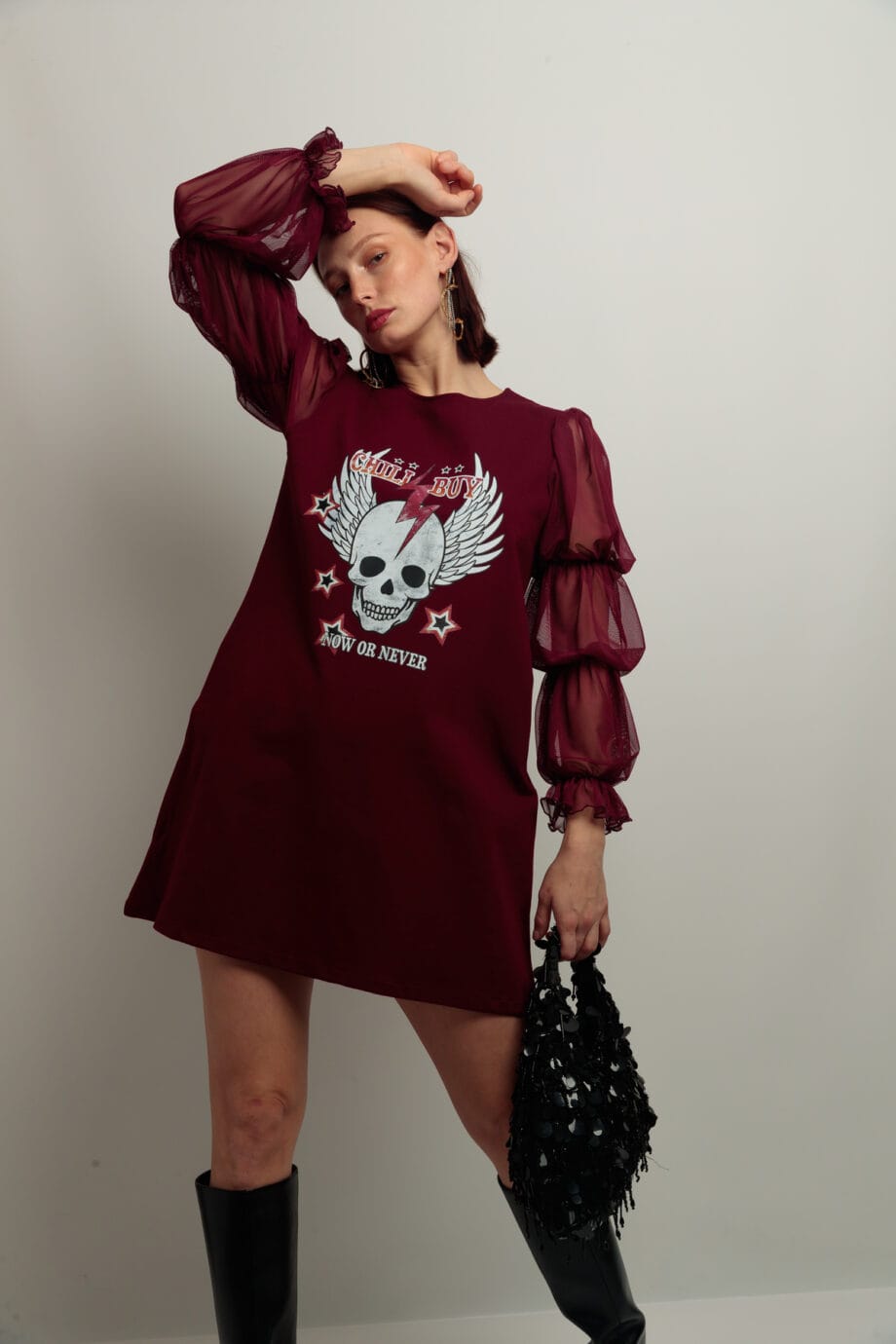 VESTIDO FRUNCES BURGUNDY SKULL OR NEVER