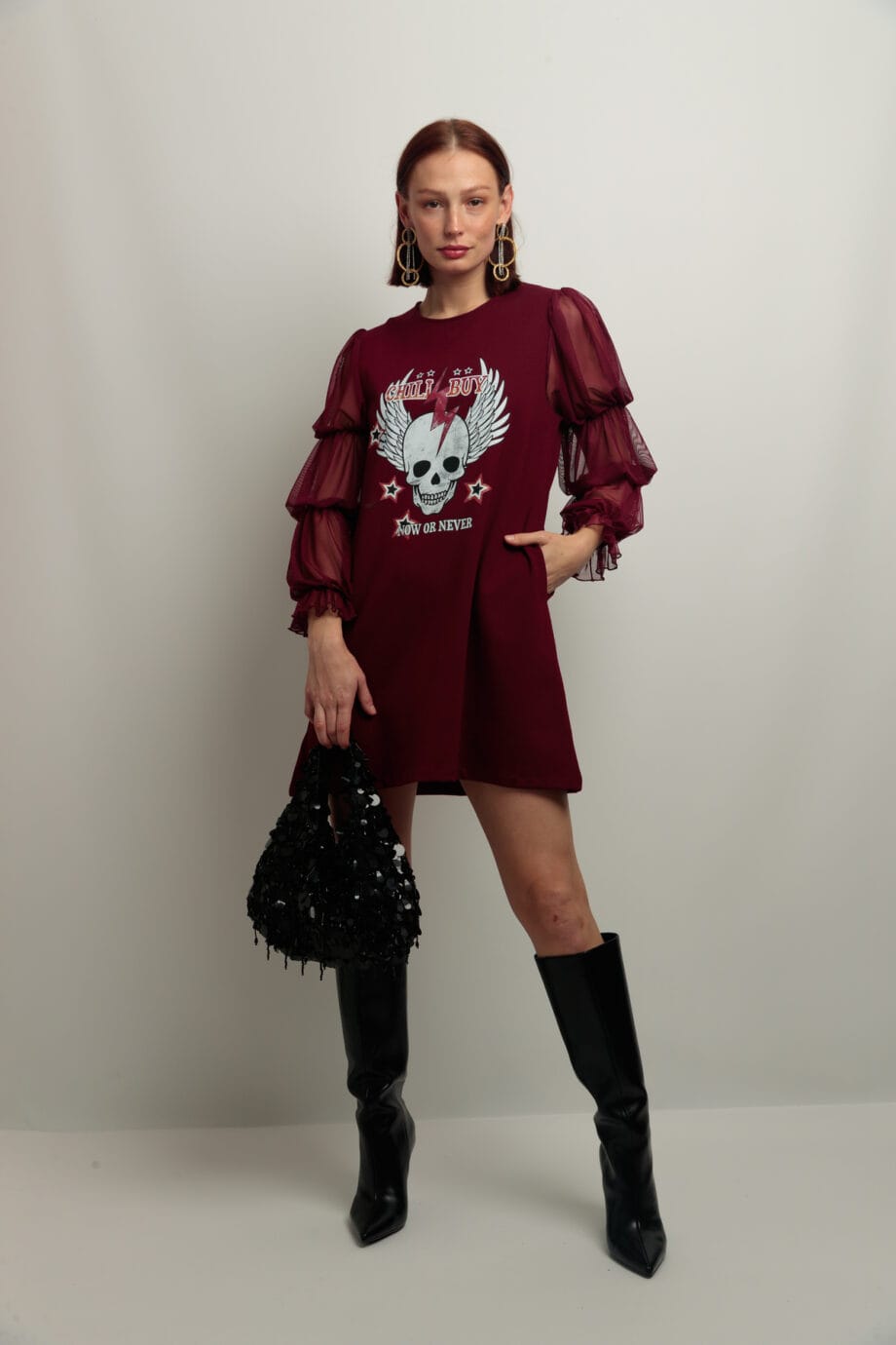 VESTIDO FRUNCES BURGUNDY SKULL OR NEVER