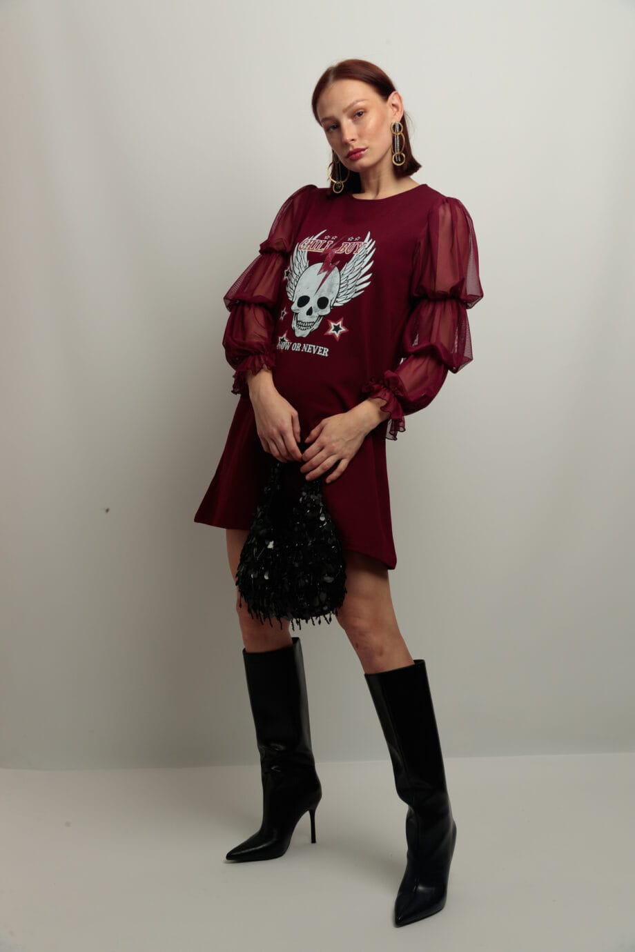 VESTIDO FRUNCES BURGUNDY SKULL OR NEVER