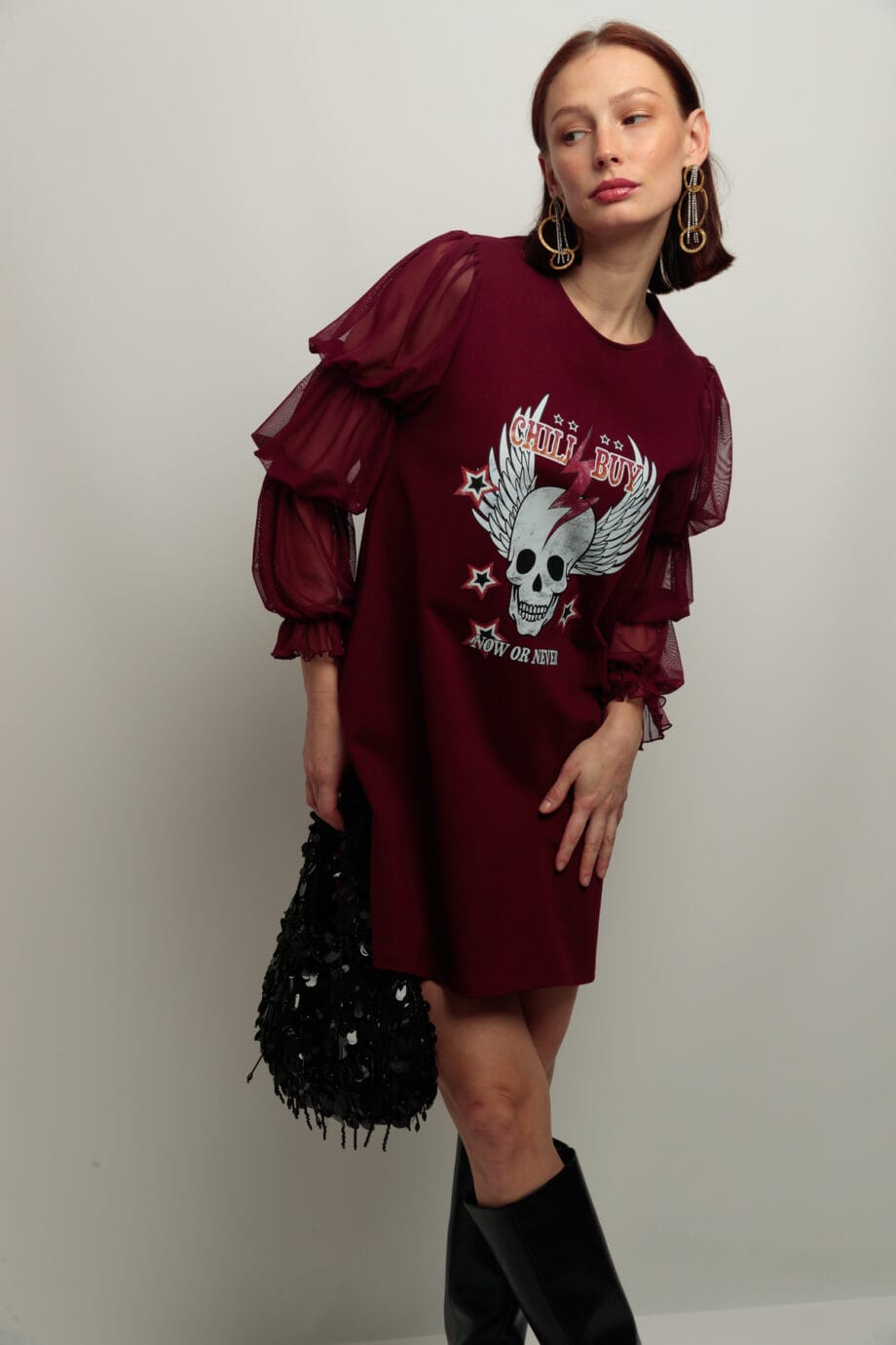 VESTIDO FRUNCES BURGUNDY SKULL OR NEVER